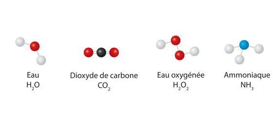 Molécules - Eau - dioxyde de carbone - Eau oxygénée - Ammoniaque - obrazy, fototapety, plakaty
