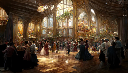 AI generated image of a grand Renaissance Ball in progress. Costumed ball. Medieval dresses - obrazy, fototapety, plakaty