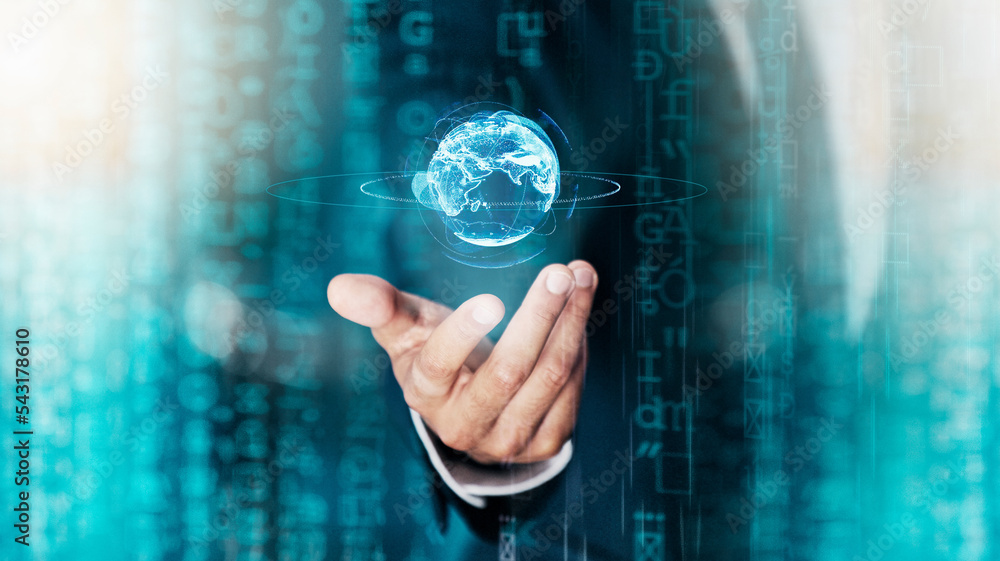 Poster Digital overlay, earth hologram and futuristic global technology future of network connection, online iot infrastructure and cloud computing software. Double exposure, 5g internet and blockchain tech