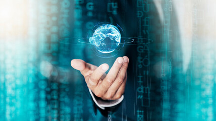 Digital overlay, earth hologram and futuristic global technology future of network connection,...
