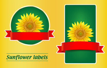 Beautiful yellow Sunflower on green background. Template Sunflower oil package design