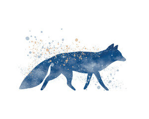 Abstract Watercolor Painting Style Vector Illustartion with Fox. Blue Hand Drawn Fox with Golden Splatter on a White Background. Elegant Woodland  Print ideal for Card, Wall Art, Poster.