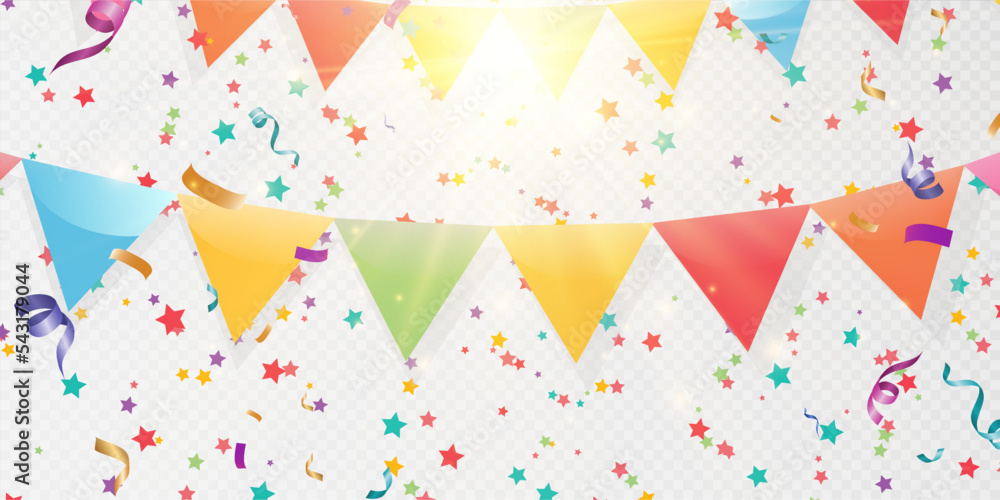 Poster Lots of colorful tiny confetti and ribbons on transparent background. Festive event and party. Multicolor background.Colorful bright confetti isolated on transparent background.	