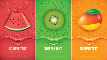 many fresh juice drops background with watermelon, kiwi, mango
- 543179038