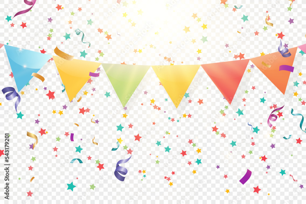 Poster Lots of colorful tiny confetti and ribbons on transparent background. Festive event and party. Multicolor background.Colorful bright confetti isolated on transparent background.	