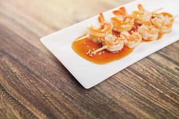 Seafood concept. Tasty dish with a big shrimps