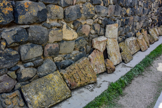 Khachkars, stone crosses in Sevanavank, a monastery complex located on the North-Western coast of lake Sevan in the Gegharkunik region of Armenia, near the city of Sevan in Armenia 2019