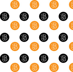 Modern seamless pattern with sign Bitcoin. Gold, orange and black coins isolated on white background. . Vector illustration