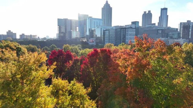Downtown Atlanta skyline during autumn fall foliage.