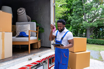 Delivery house move cargo truck service man hold flannel remove sweat from face on summer day