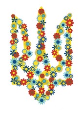 Raster illustration, the symbol of Ukraine - the trident, is decorated with beautiful bright flowers on a white background.