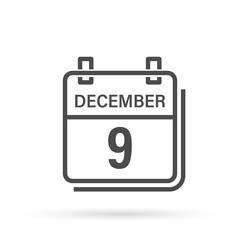 December 9, Calendar icon with shadow. Day, month. Flat vector illustration.	