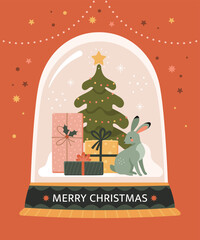 Merry Christmas greeting card. Vector cartoon illustration of the glass snow globe with a Christmas Tree, rabbit, and gift boxes inside. Isolated on red background