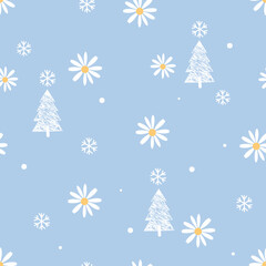 Seamless pattern with Christmas tree, flower and snowflakes on blue background vector illustration.