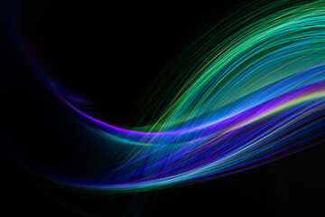Abstract background neon light wave stripes on black.