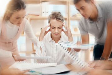 Stress, headache or manager with businesspeople pressure, paper data analysis or documents research...