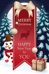 Vector postcard. Snowman. Banner. Merry christmas. Happy New Year.