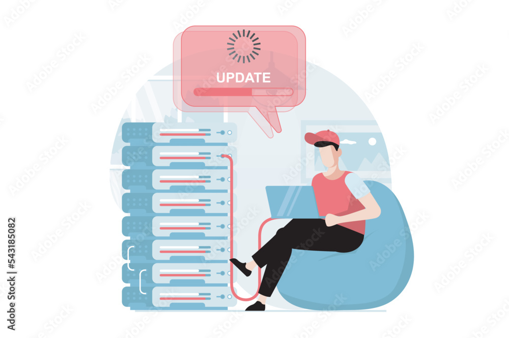 Poster Server maintenance concept with people scene in flat design. Man working at server rack hardware room, updates and optimization computer systems. Vector illustration with character situation for web
