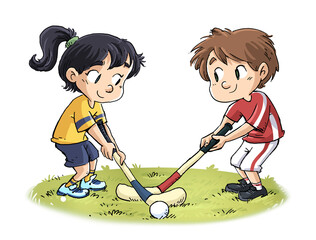 illustration of boy and girl playing field hockey - 543185019