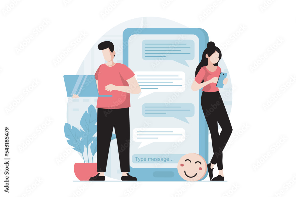 Aufkleber Social network concept with people scene in flat design. Man and woman chatting and sending messages in program on laptop and mobile phone app. Vector illustration with character situation for web