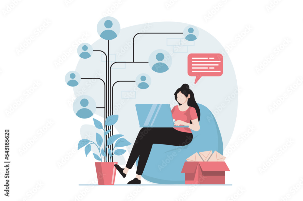 Poster social network concept with people scene in flat design. woman writes online messages and sends to g