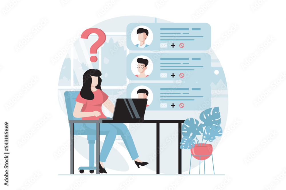 Poster Social network concept with people scene in flat design. Woman chatting online in messenger with men and responding to messages using laptop. Vector illustration with character situation for web