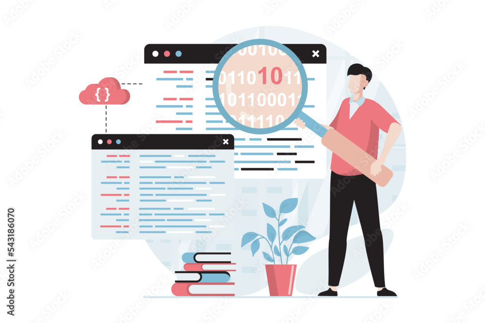 Leinwandbilder Software development concept with people scene in flat design. Man working as programmer, searches and fixing code errors, develops programs. Vector illustration with character situation for web
