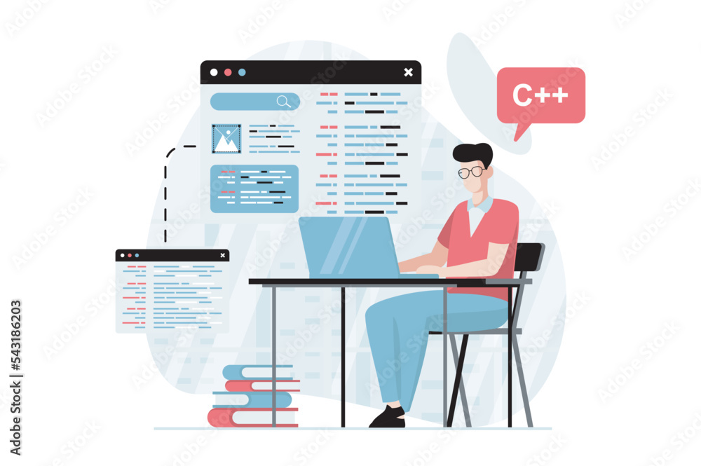 Leinwandbilder Software development concept with people scene in flat design. Man programming and creating code, fills in layout of site and corrects errors. Vector illustration with character situation for web