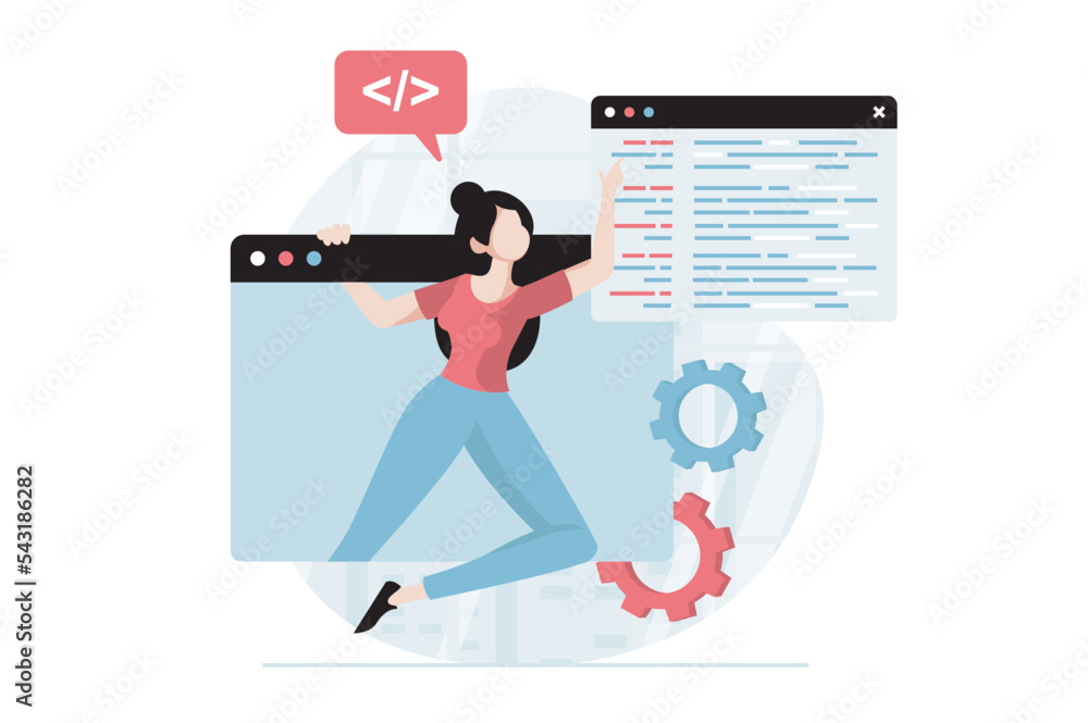 Aufkleber Software development concept with people scene in flat design. Woman programming and fixing code, creating site layout and corrects problems. Vector illustration with character situation for web