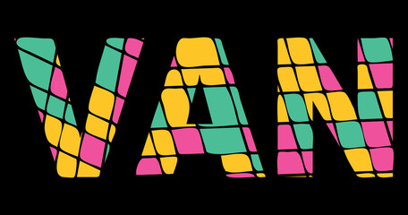 Van. Tricolor isolated letters from contrast flowing fluid shapes, 3 color. Van is place in Turkey. Text for print, booklet, banner, social network, web resources, mobile app. Stock vector