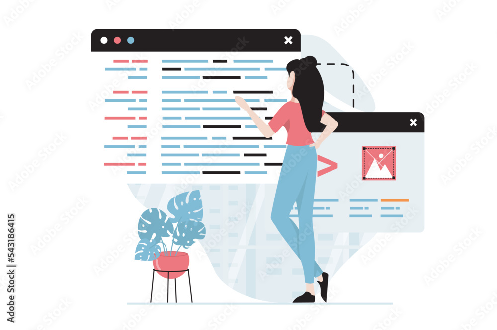Poster Software development concept with people scene in flat design. Woman develops code and designs prototypes, creates programs and applications. Vector illustration with character situation for web
