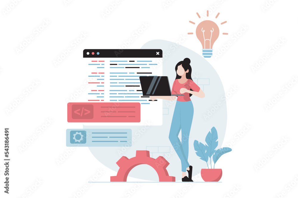 Poster software development concept with people scene in flat design. woman develops code, generates ideas 