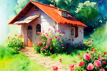 Lovely fairy-tale house painted in watercolor.Flower bed with red flowers.Red Roof House
