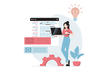 Software development concept with people scene in flat design. Woman develops code, generates ideas and finds creative solutions for product. Vector illustration with character situation for web