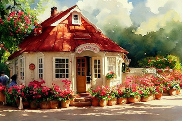 Lovely fairy-tale house painted in watercolor.Flower bed with red flowers.Red Roof House - obrazy, fototapety, plakaty