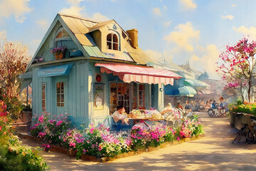 Lovely fairy-tale house painted in watercolor.Flower bed with red flowers.Red Roof House