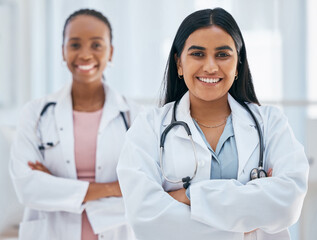 Leadership, teamwork and women doctors in partnership at hospital, proud, happy and excited for medical innovation. Health, team and portrait with support, collaboration and trust in healthcare work