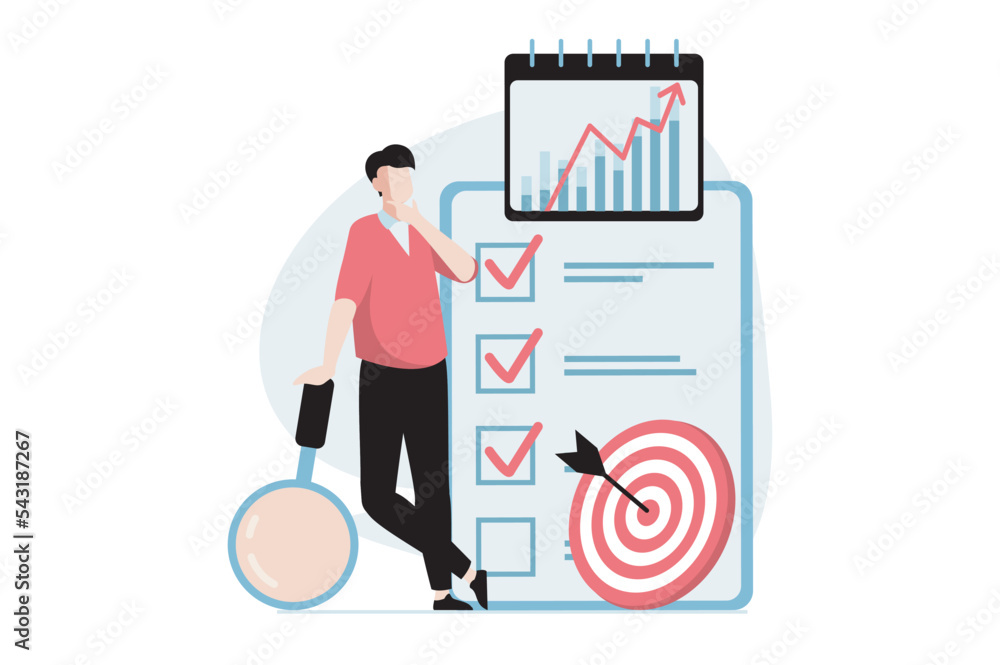Leinwandbilder Strategic planning concept with people scene in flat design. Man analyzes business processes, plans tasks in list, targeting and achieving goals. Vector illustration with character situation for web