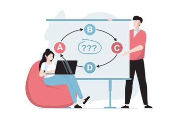 Strategic planning concept with people scene in flat design. Man and woman analyze business processes, create new solutions and innovations. Vector illustration with character situation for web