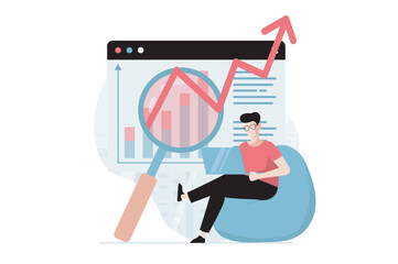 Strategic planning concept with people scene in flat design. Man analyzes business processes, creates new solutions and success develops startup. Vector illustration with character situation for web