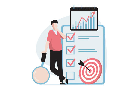 Strategic planning concept with people scene in flat design. Man analyzes business processes, plans tasks in list, targeting and achieving goals. Vector illustration with character situation for web