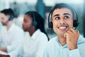 Happy, call center and man on break thinking of crm solution or contact us strategy with excited...