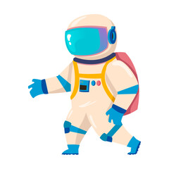 Astronaut character walking towards unknown, exploring outer space. Vector illustration of spaceman. Cartoon cosmonaut in spacesuit