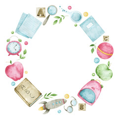 Watercolor wreath with rocket, apples, book, notebook, alarm clock, ball, glasses and greenery. Funny school frame for creative design