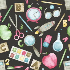 Watercolor seamless pattern with paints, glasses, crayons, pens, alarm clocks, apples, rockets. Colorful school supplies on a black background