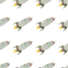 Watercolor seamless pattern with cute rockets. Geometric repeatable background for creative design