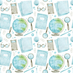 Watercolor seamless pattern with globe, notebook, calculator, loupe, glasses, pencil and paper clips. Delicate blue and grey repeatable background for creative design