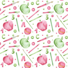 Watercolor seamless pattern with brushes, balls, apples, pencils, pens, numbers, letters. Colorful repeatable background for creative design