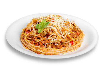 Spaghetti pasta with meat and cheese  isolated on white background