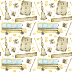Watercolor seamless pattern with school bus, textbook, ruler, bell, numbers, pencil and letters. Beige and yellow repeatable background for creative design
